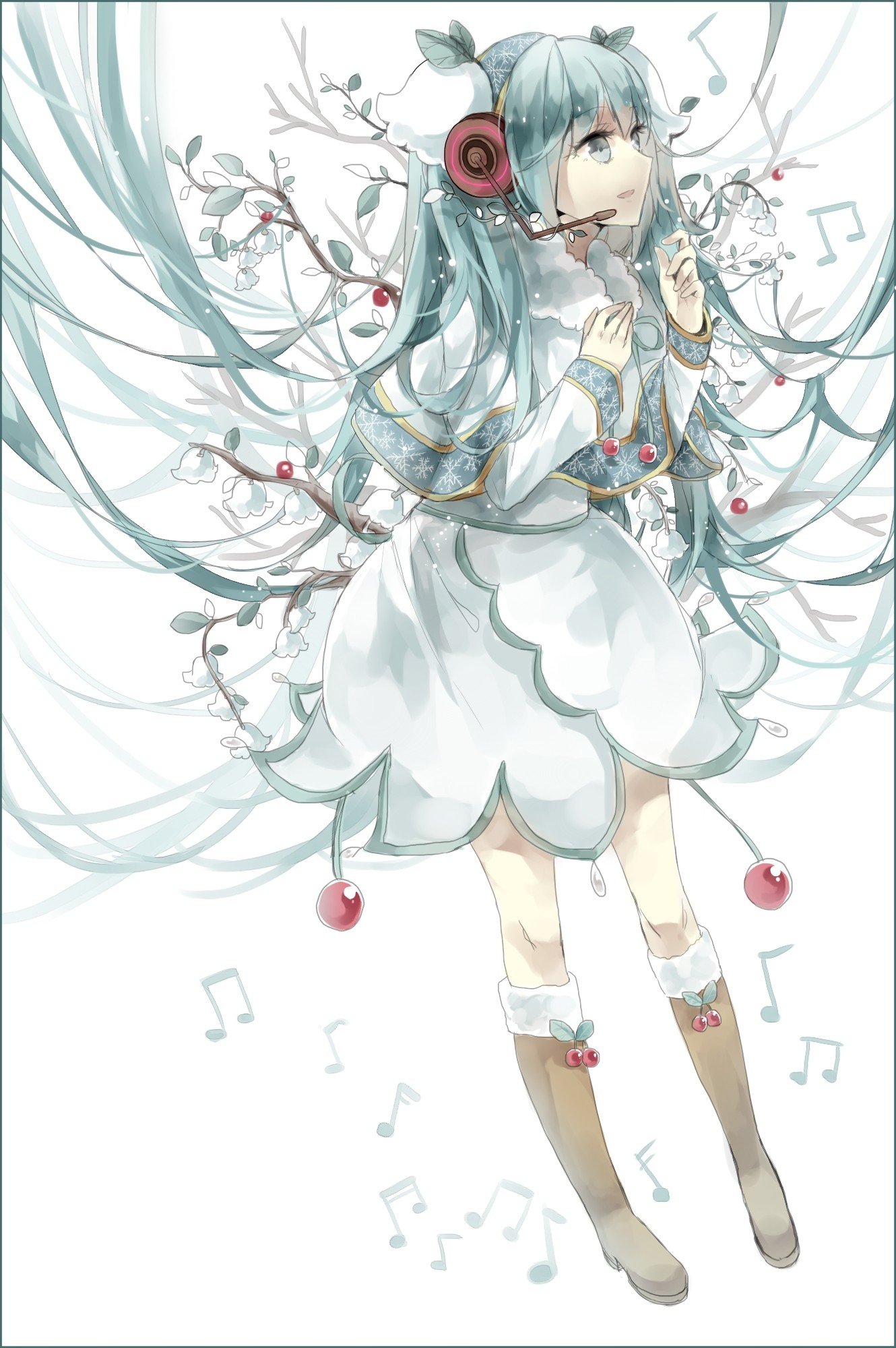Vocaloid, Hatsune Miku, Flowers, Ribbon, Headphones, Sheet, Branch, Musical notes, Twintails, Snow flakes, Anime girls, Anime Wallpaper
