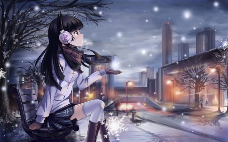 City Headphones Anime Girls Winter Skirt Schoolgirls Manga