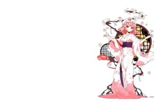 Saigyouji Yuyuko, Touhou, Anime girls, Video games, Short hair, Pink hair, Bangs, Red eyes, Smiling, Blushing, Kimono, Japanese clothes, Pink dress, Cherry blossom, Branch, Simple background, White background