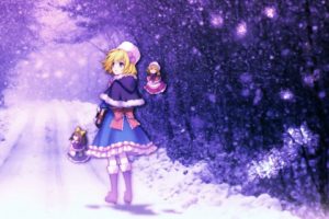 Touhou, Alice Margatroid, Video games, Anime girls, Short hair, Blonde, Bangs, Looking back, Blue eyes, Winter, Dress, Books, Blue dress, Boots, Snow, Road, Trees, Women outdoors