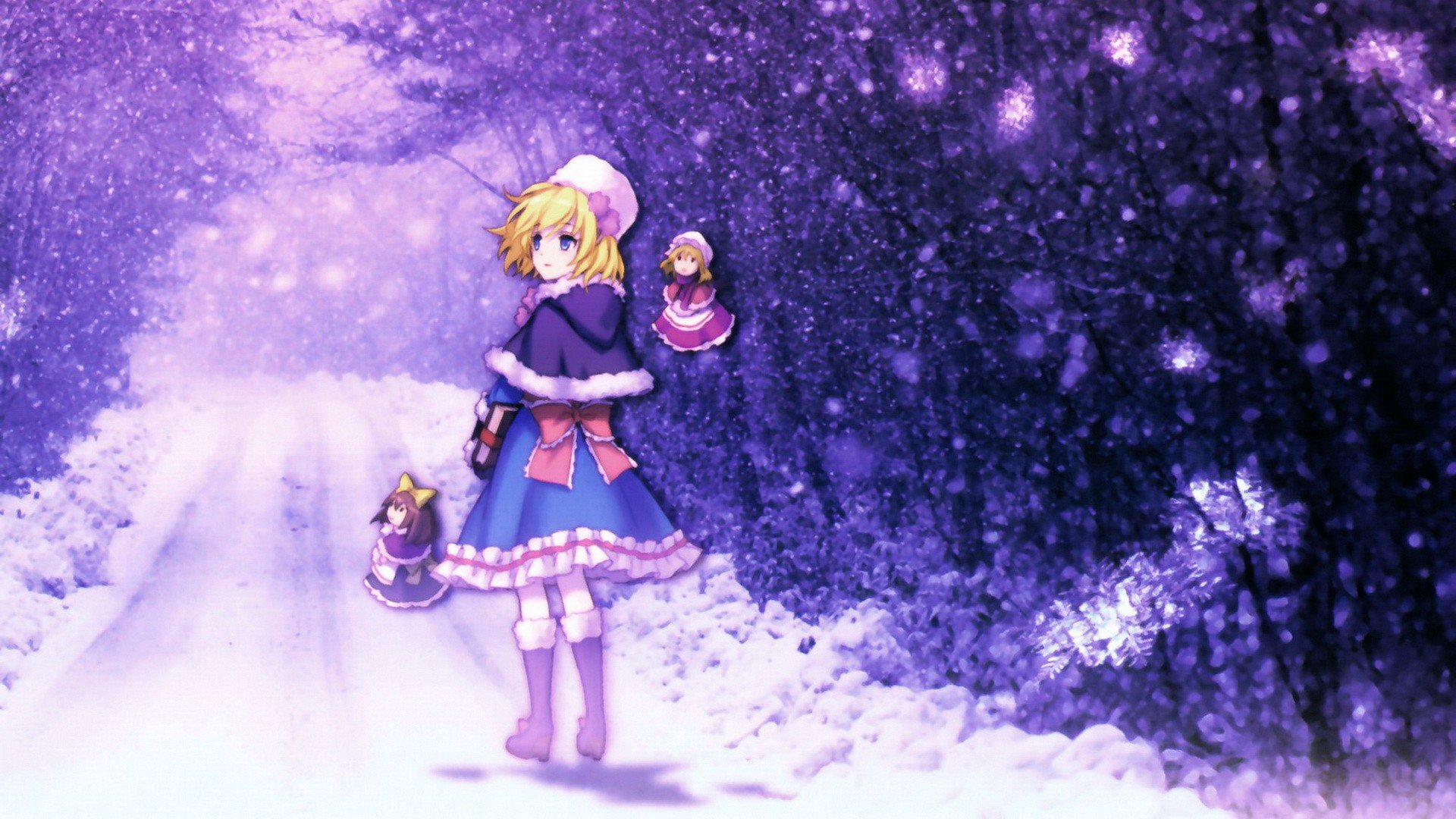 Touhou, Alice Margatroid, Video games, Anime girls, Short hair, Blonde, Bangs, Looking back, Blue eyes, Winter, Dress, Books, Blue dress, Boots, Snow, Road, Trees, Women outdoors Wallpaper