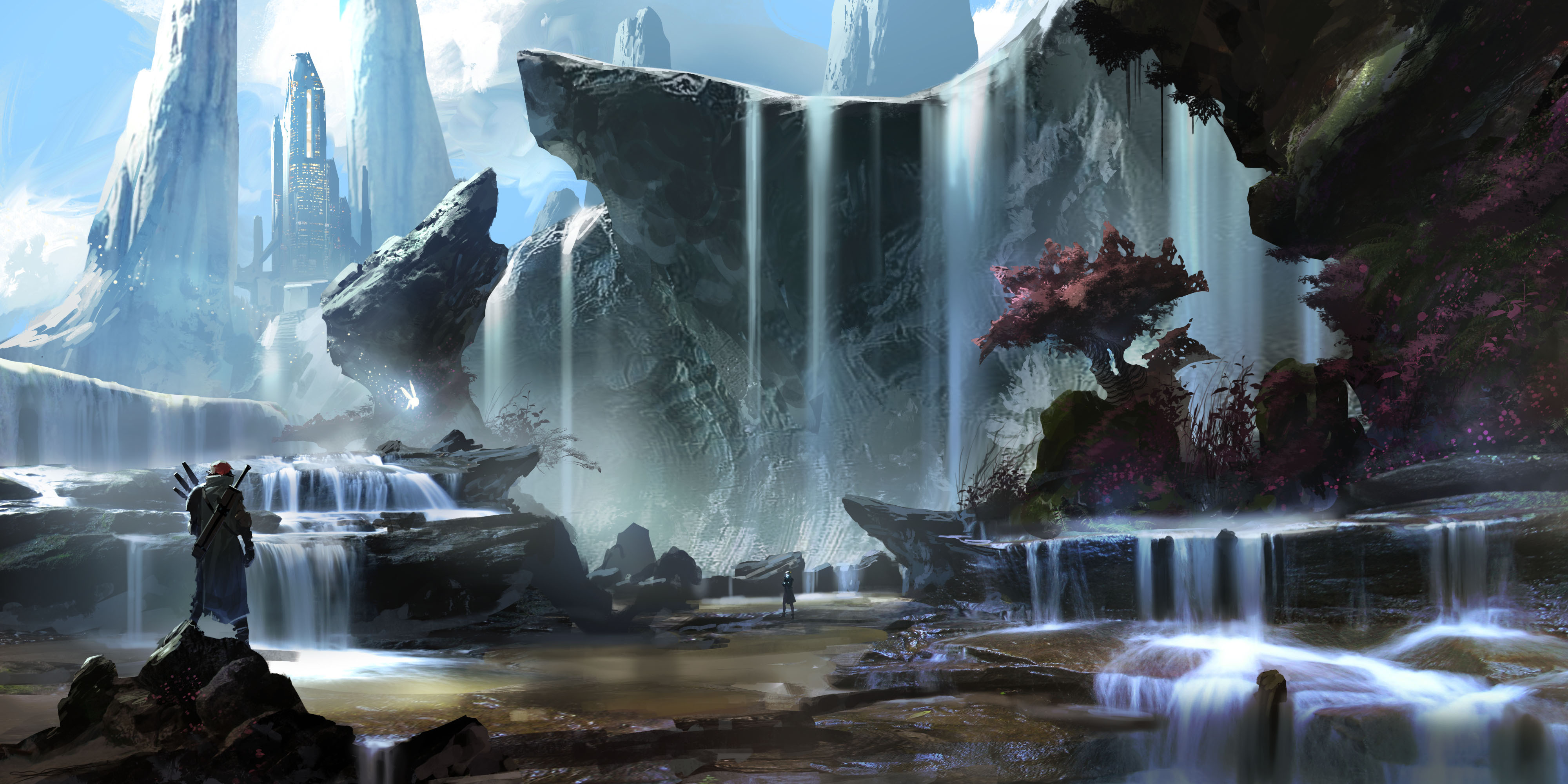 fantastic, World, Waterfall, Landscape, Mountains, River, Warrior Wallpaper