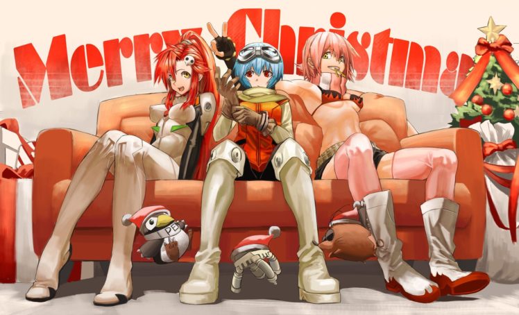 Christmas, Anime, Anime girls, Littner Yoko, Tengen Toppa Gurren Lagann, Ayanami Rei, Neon Genesis Evangelion, FLCL, Haruhara Haruko, Gainax, Crossover, Pen² HD Wallpaper Desktop Background