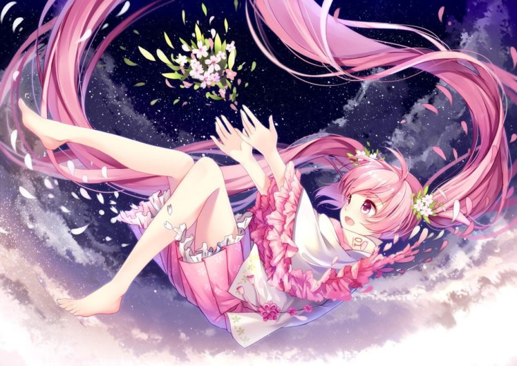 Vocaloid, Hatsune Miku, Flowers, Petals, Flower petals, Space, Long hair, Clouds, Twintails, Anime girls, Anime, Sakura Miku HD Wallpaper Desktop Background