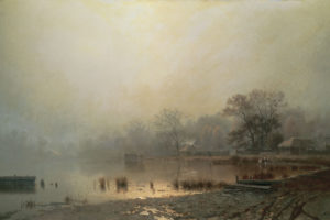 pond, Mist, A, Village, Art, Artwork, Painting, Rustic, Vintage, Lake, Mood