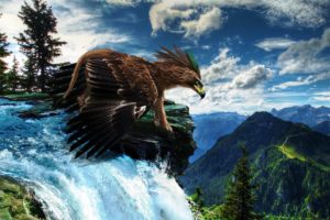 magical, Animals, Scenery, Waterfall, Gryphon, Eagle, Landscape, Mountain, Sky, Clouds, River