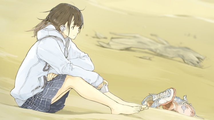 original characters, Skirt, Beach, Anime girls, Barefoot, Headphones HD Wallpaper Desktop Background