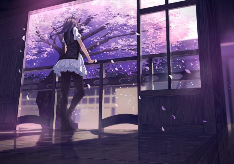 Touhou, Cherry trees, Petals, Back, Long hair, Ribbon, Thighs, Anime girls, Anime HD Wallpaper Desktop Background