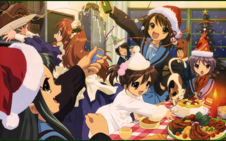 The Melancholy of Haruhi Suzumiya, Suzumiya Haruhi, Christmas, Asahina Mikuru, Nagato Yuki, Anime, Anime girls HD Wallpaper Desktop Background