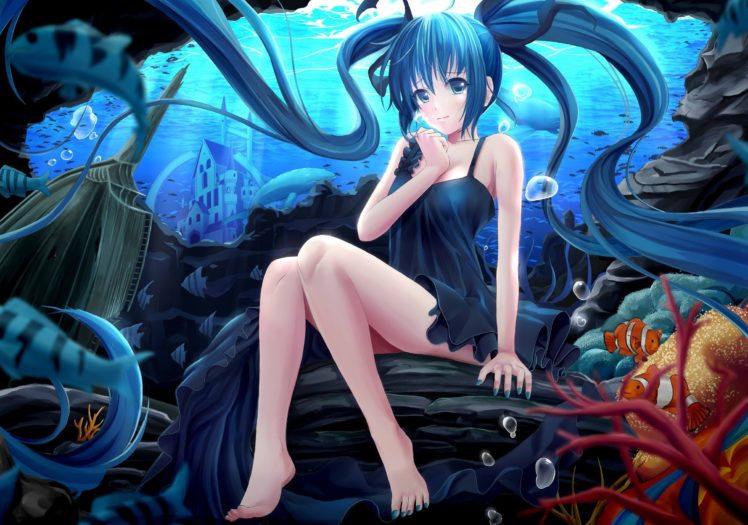 anime, Artwork, Anime girls, Vocaloid, Hatsune Miku, Blue hair, Barefoot HD Wallpaper Desktop Background