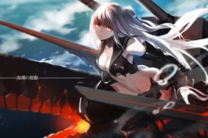Kantai Collection, Aircraft Carrier Hime, Swd3e2, Torn clothes, Sky, Clouds, Long hair, Anime girls, Anime, Red eyes