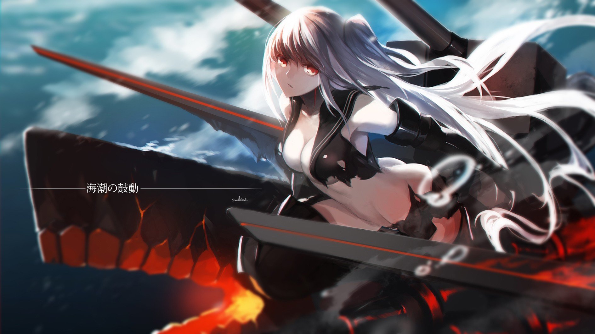 Kantai Collection, Aircraft Carrier Hime, Swd3e2, Torn clothes, Sky, Clouds, Long hair, Anime girls, Anime, Red eyes Wallpaper