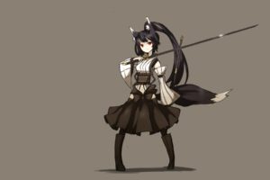 boots, Tails, Skirts, Long, Hair, Weapons, Animal, Ears, Red, Eyes, Ponytails, Japanese, Clothes, Simple, Background, Anime, Girls, Swords, Brown, Background, Black, Hair