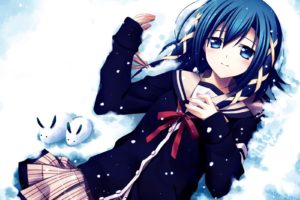snow, School uniform, Schoolgirls, Blue hair, Blue eyes, Anime girls, Signal Heart, Goutokuji Akira