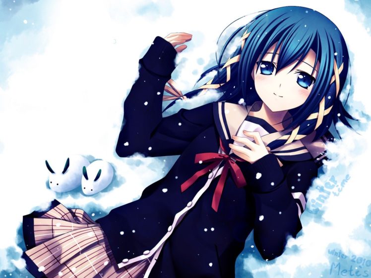 snow, School uniform, Schoolgirls, Blue hair, Blue eyes, Anime girls, Signal Heart, Goutokuji Akira HD Wallpaper Desktop Background
