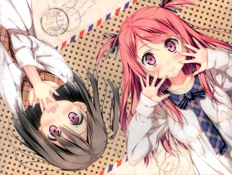 long hair, Pink hair, Blushing, Anime girls, Dark hair, Kantoku HD Wallpaper Desktop Background
