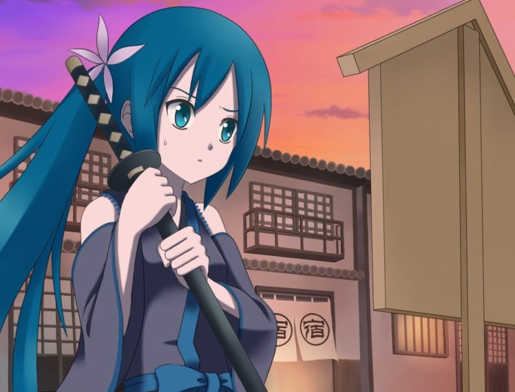 long hair, Blue hair, Anime girls, Katana, Twintails, Vocaloid, Hatsune Miku HD Wallpaper Desktop Background