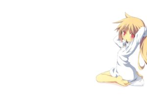 anime girls, Simple background, White background, Blonde, Red eyes, Ponytail