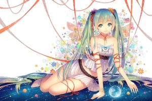 Vocaloid, Hatsune Miku, Wings, Long hair, Ribbon, Twintails, Space, Planet, Jewelry, Flowers, Anime girls, Anime