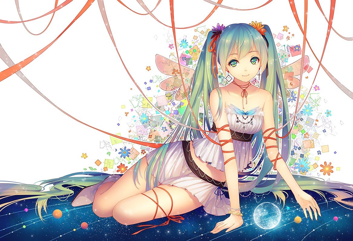Vocaloid, Hatsune Miku, Wings, Long hair, Ribbon, Twintails, Space, Planet, Jewelry, Flowers, Anime girls, Anime Wallpaper