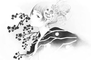 kimono, Anime girls, Monochrome