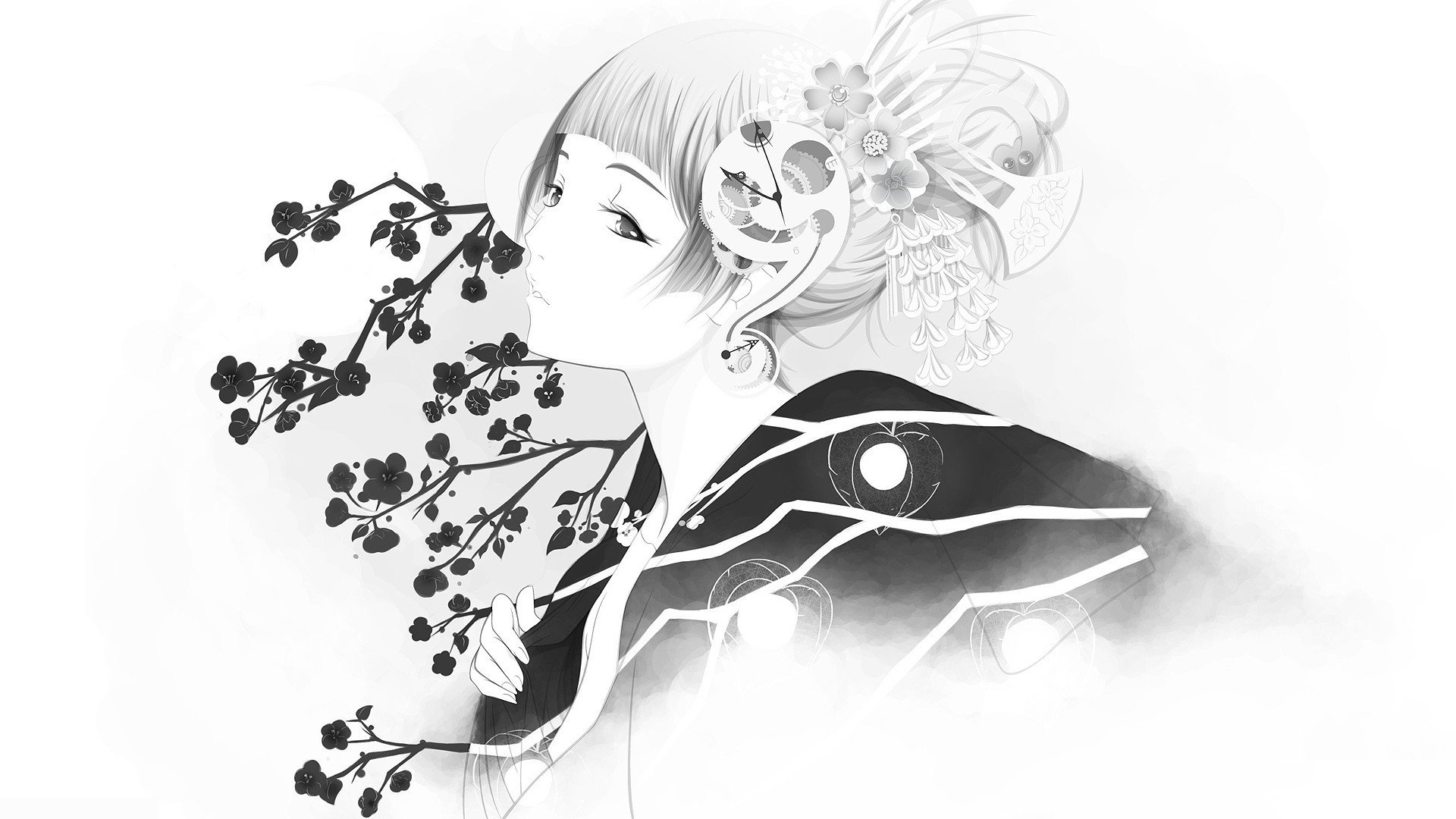 kimono, Anime girls, Monochrome Wallpaper