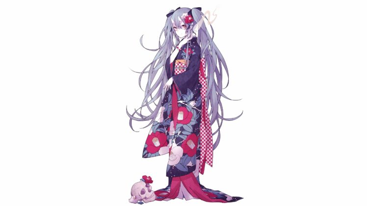 kimono, Anime girls, Vocaloid, White background, Hatsune Miku HD Wallpaper Desktop Background