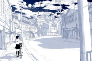 selective coloring, Artwork, Bicycle, Clouds, Road, Power lines, Utility pole