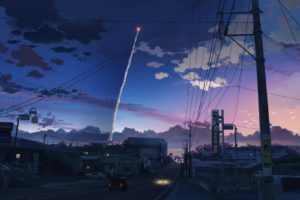 5 Centimeters Per Second, Makoto Shinkai, Contrails, Power lines, Road, Dusk, Town, Utility pole