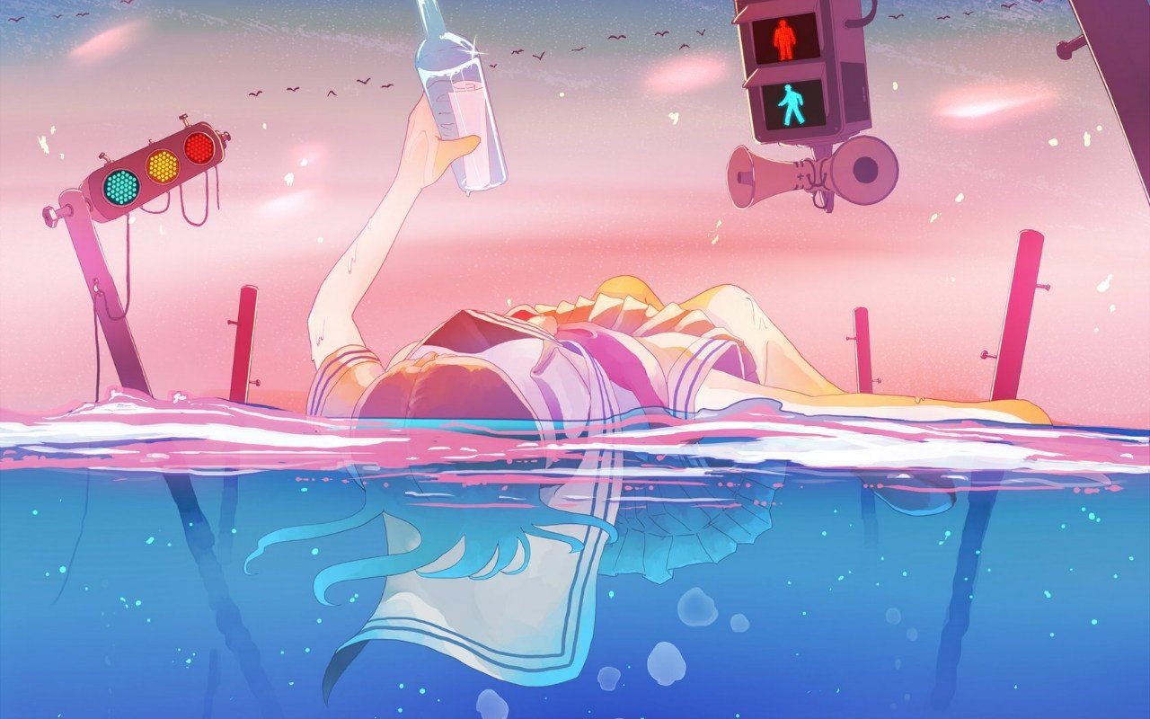 traffic lights, Water, Bubbles, Bottles, Lying down, Artwork, Split view Wallpaper