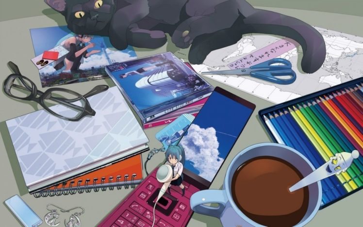 cat, Coffee, Vocaloid, Hatsune Miku, 40mp HD Wallpaper Desktop Background