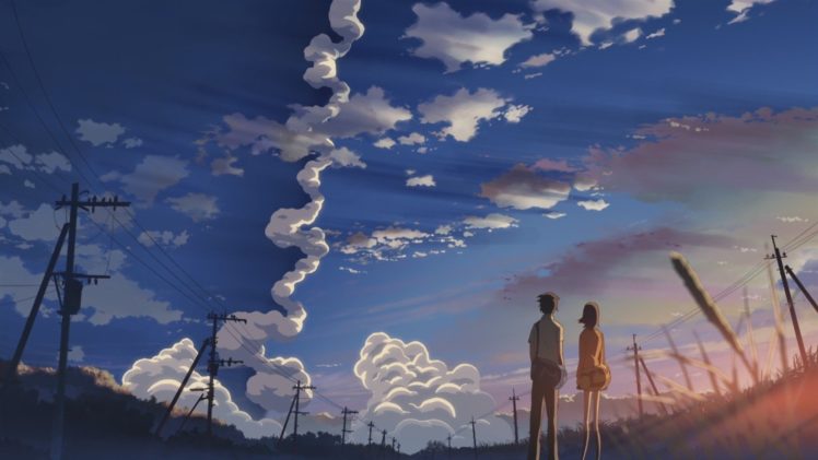 5 Centimeters Per Second, Makoto Shinkai, Contrails, Power lines, Clouds, Utility pole HD Wallpaper Desktop Background