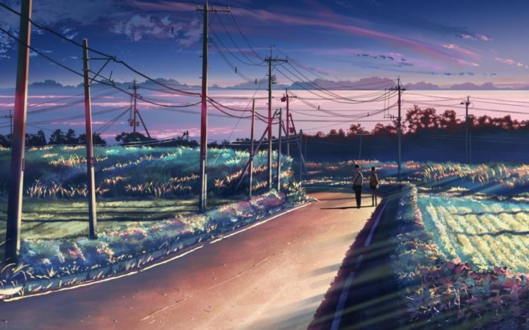 Makoto Shinkai, 5 Centimeters Per Second, Sun rays, Power lines, Path, Students, Field, Utility pole HD Wallpaper Desktop Background