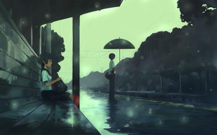 students, Rain, Anime, Umbrella, Bus stations, School uniform, Power lines HD Wallpaper Desktop Background