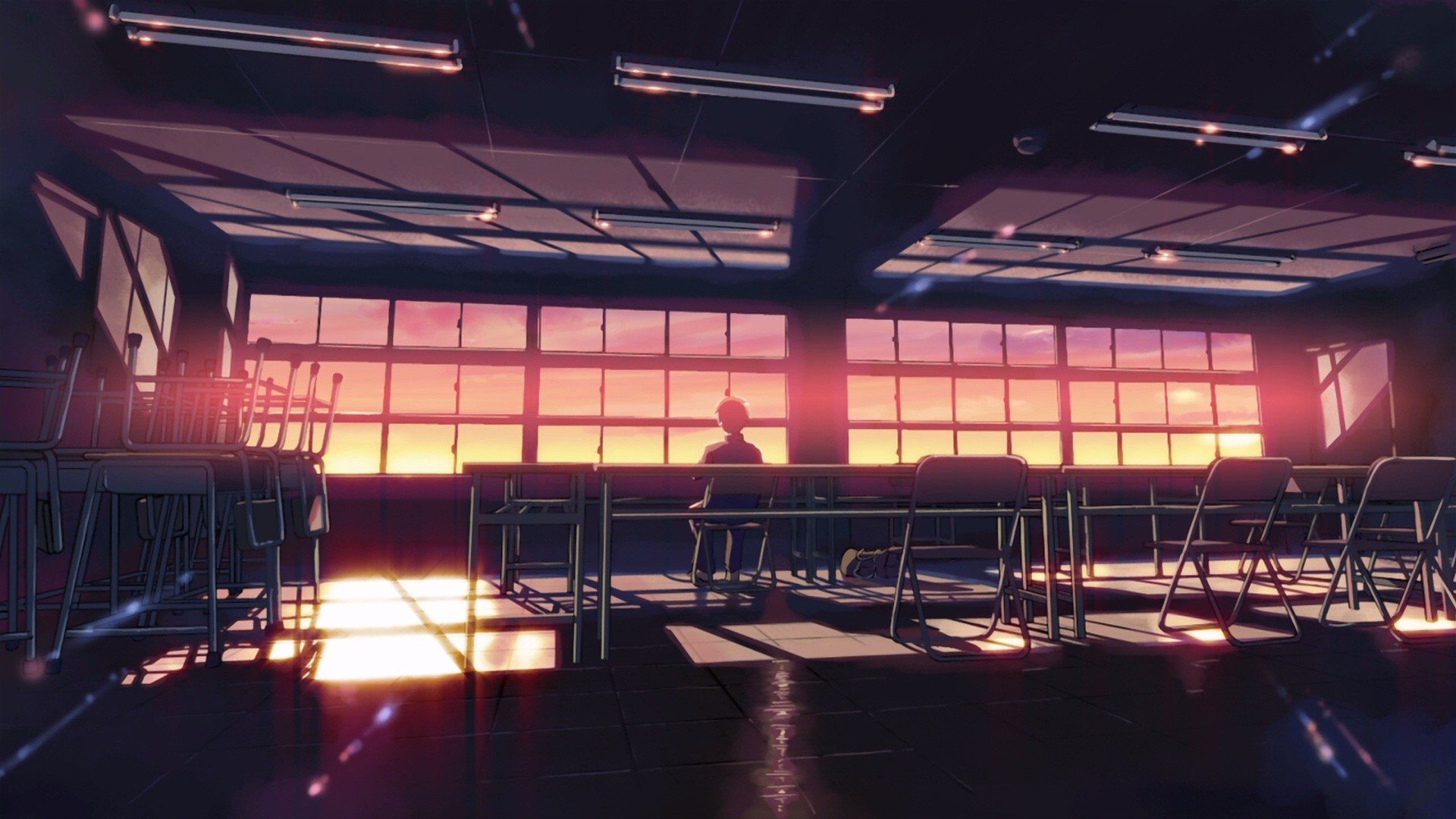 Makoto Shinkai, 5 Centimeters Per Second, Classroom, Desk, Sunlight, Sunset Wallpaper