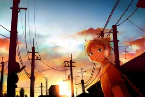 power lines, Headphones, Vocaloid, Kagamine Len, Anime boys, Sunlight, Silhouette, Utility pole