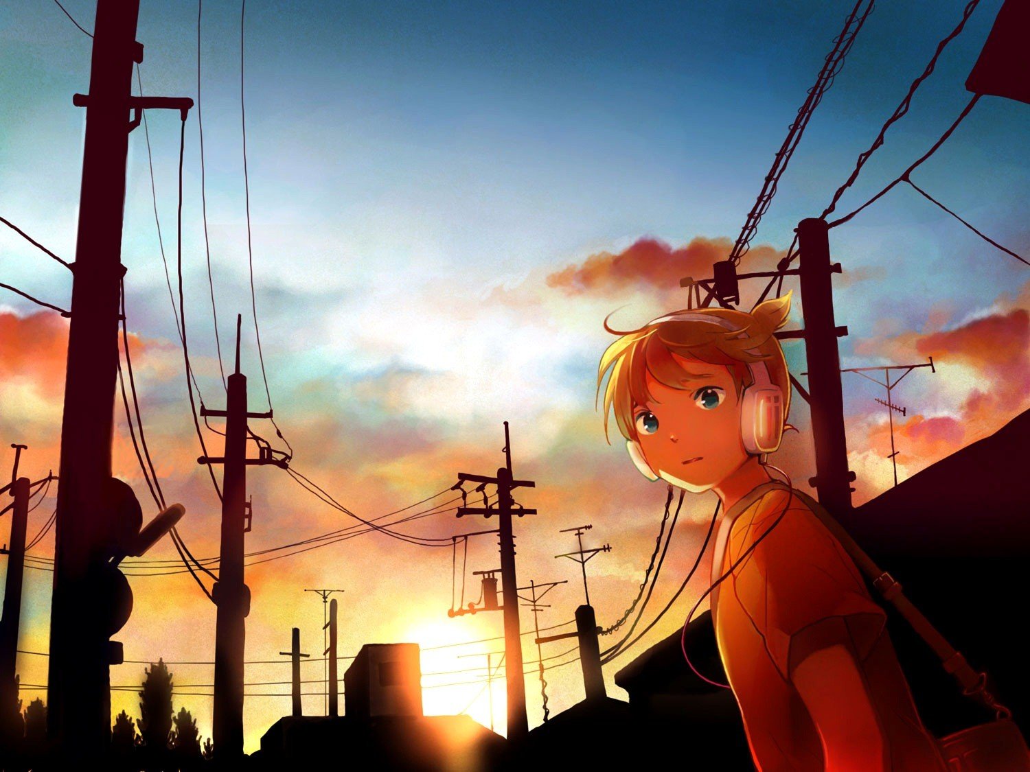 power lines, Headphones, Vocaloid, Kagamine Len, Anime boys, Sunlight, Silhouette, Utility pole Wallpaper