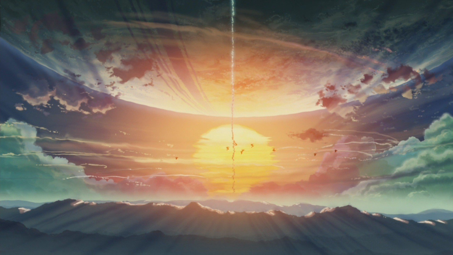 5 Centimeters Per Second, Sun rays, Sun, Contrails, Sky, Makoto Shinkai Wallpaper
