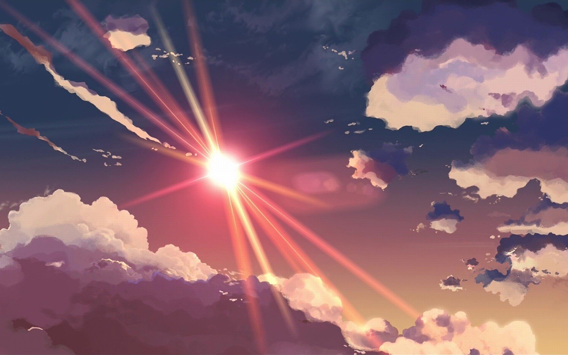 clouds, Sun, Sun rays, Artwork, Sunbeams, Makoto Shinkai, 5 Centimeters Per Second Wallpaper