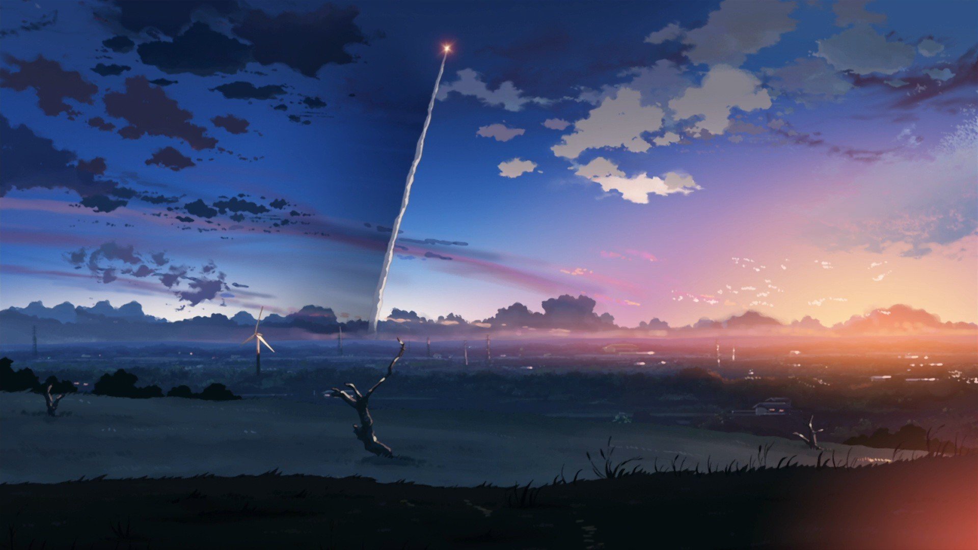 5 Centimeters Per Second, Field, Sunlight, Contrails, Turbines Wallpaper