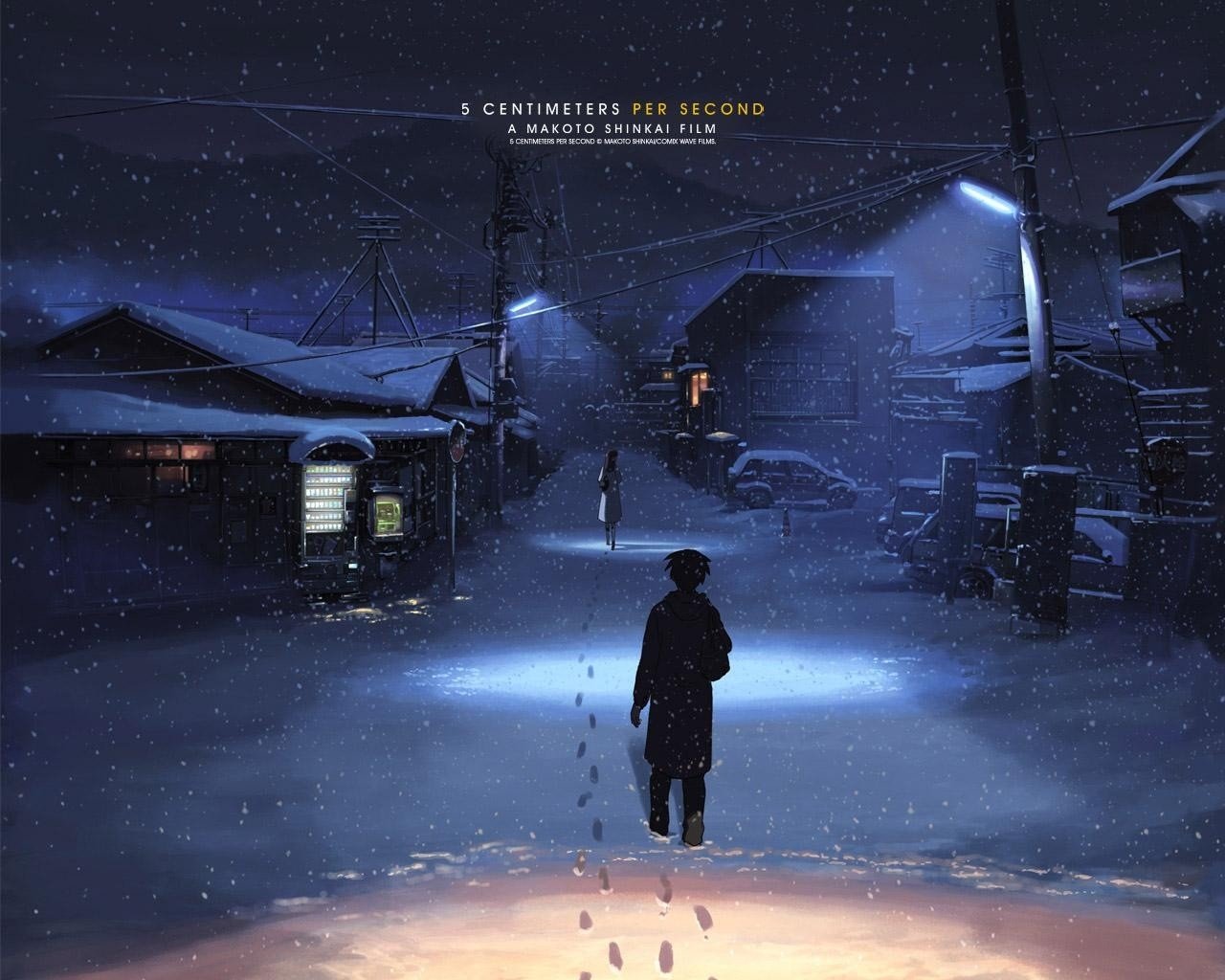 Makoto Shinkai, 5 Centimeters Per Second, Footprints, Winter, Snow, Street light, Night Wallpaper