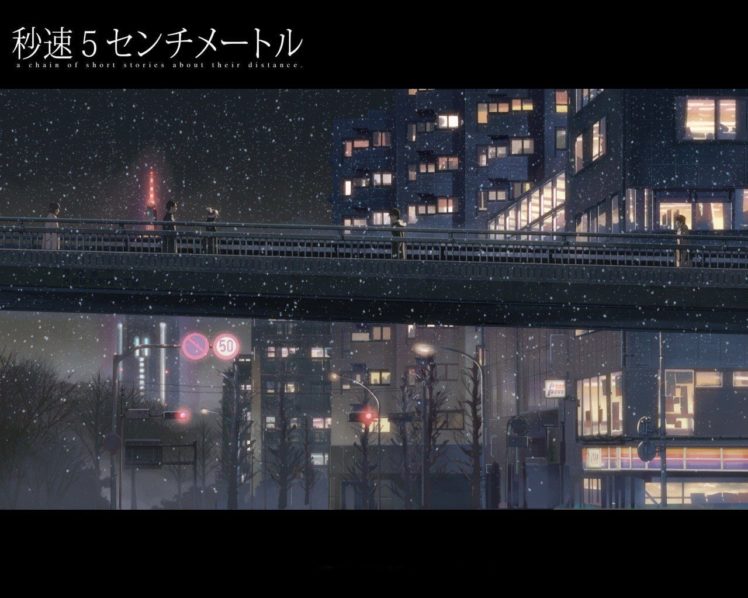 Makoto Shinkai, 5 Centimeters Per Second, Snow, City, Bridge, Night, Traffic lights HD Wallpaper Desktop Background