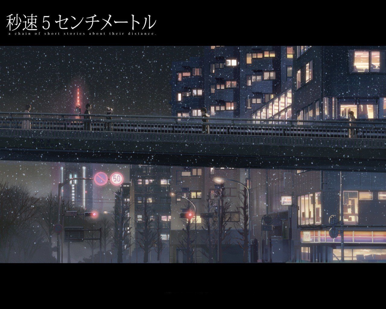 Makoto Shinkai, 5 Centimeters Per Second, Snow, City, Bridge, Night, Traffic lights Wallpaper