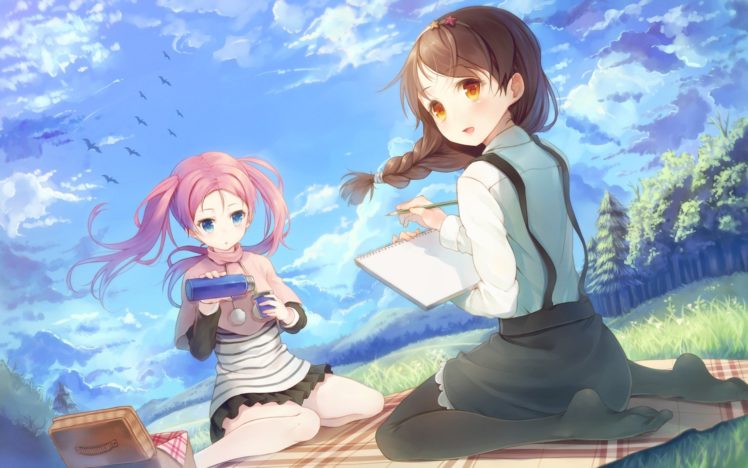 picknick, Anime girls, Your Diary, Fujimura Natsuki, Hirosaki Kanade, Birds HD Wallpaper Desktop Background