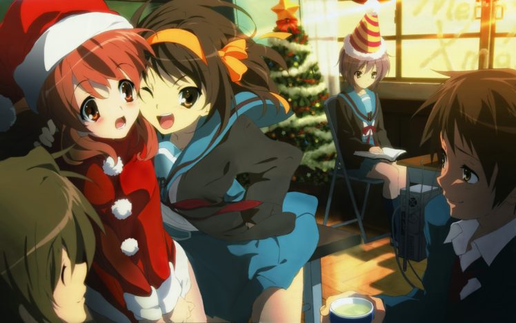 Suzumiya Haruhi, The Melancholy of Haruhi Suzumiya, Christmas, Nagato Yuki, Asahina Mikuru, Anime, Anime girls HD Wallpaper Desktop Background