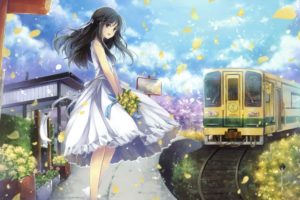 train, Flowers, Anime girls, White dress, Original characters