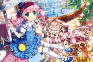 anime girls, Sweets, Original characters, Pink hair, Blue eyes