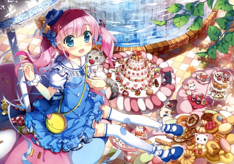 anime girls, Sweets, Original characters, Pink hair, Blue eyes HD Wallpaper Desktop Background