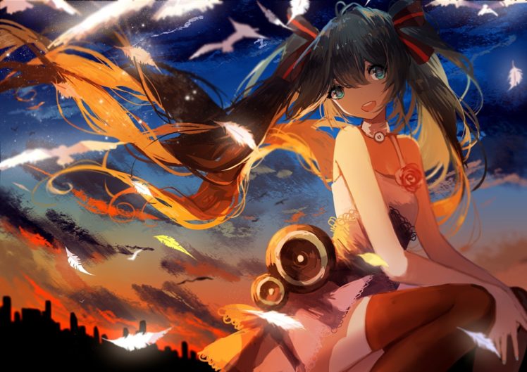 Hatsune Miku, Feathers, Anime, Artwork, Thigh highs, Vocaloid, Twintails HD Wallpaper Desktop Background