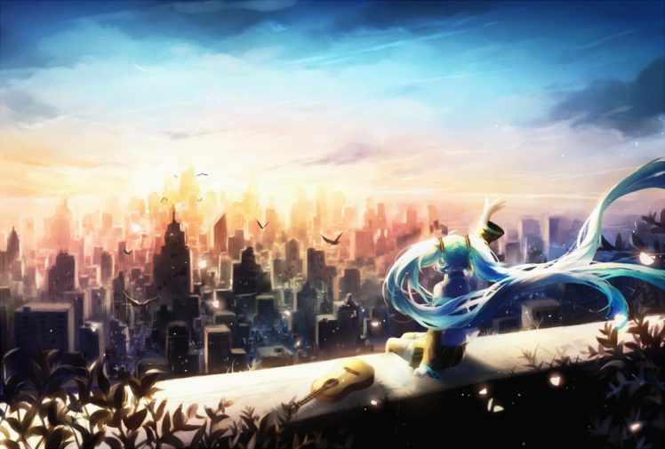 Vocaloid, Hatsune Miku, Birds, Back, Twintails, Cityscape, Sky, Clouds, Thigh highs, Plants, Petals, Guitar, Sheet, Anime girls, Anime HD Wallpaper Desktop Background
